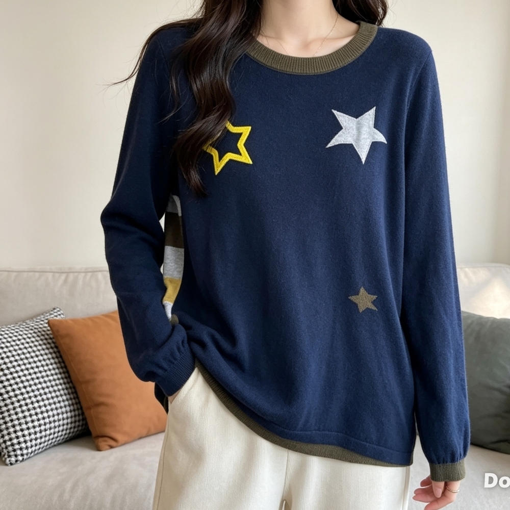 Foil Navy Blue Star Pattern Sweater Size Large Cotton Knit Pullover